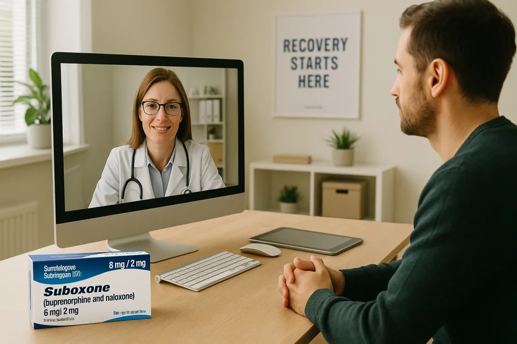 Virtual Suboxone treatment session at a Columbia TN clinic showing a doctor consulting a patient via telehealth with Suboxone medication in view.