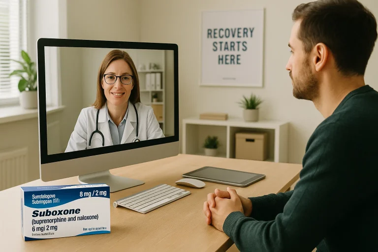 Virtual Suboxone treatment session at a Columbia TN clinic showing a doctor consulting a patient via telehealth with Suboxone medication in view.