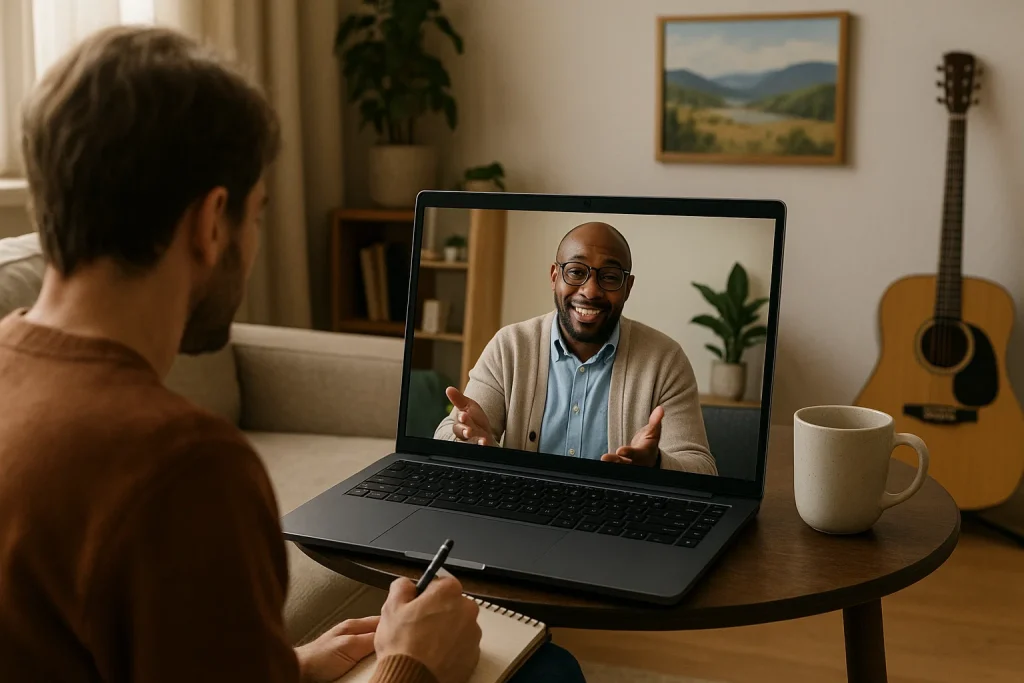 Patient attending a virtual addiction therapy session from home with a licensed Tennessee provider via telehealth.