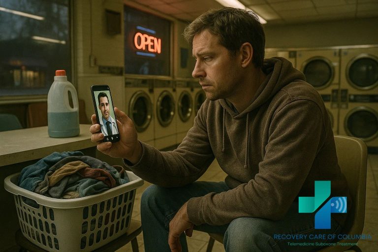 Man folding laundry in a laundromat while speaking with an addiction doctor in Tennessee on his cellphone.