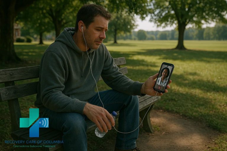 Man in Nashville park using phone with earbuds for telemedicine addiction treatment