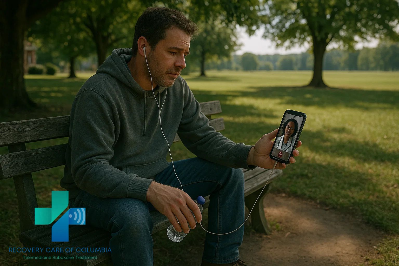 Man in Nashville park using phone with earbuds for telemedicine addiction treatment