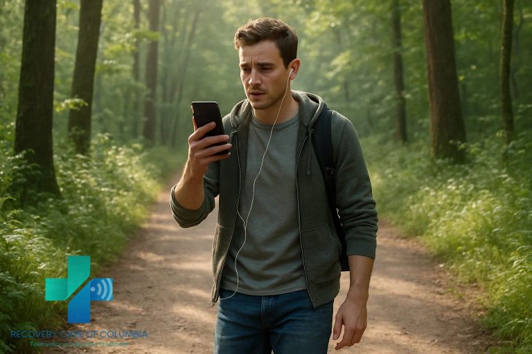 Young man walking in Tennessee park using phone for affordable virtual Suboxone treatment