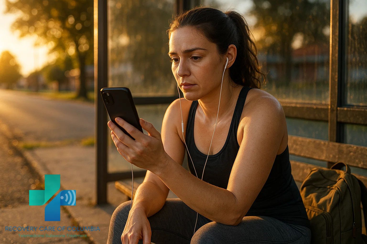 Woman in workout clothes using her phone for a virtual Suboxone appointment at a small-town Tennessee bus stop during sunset.