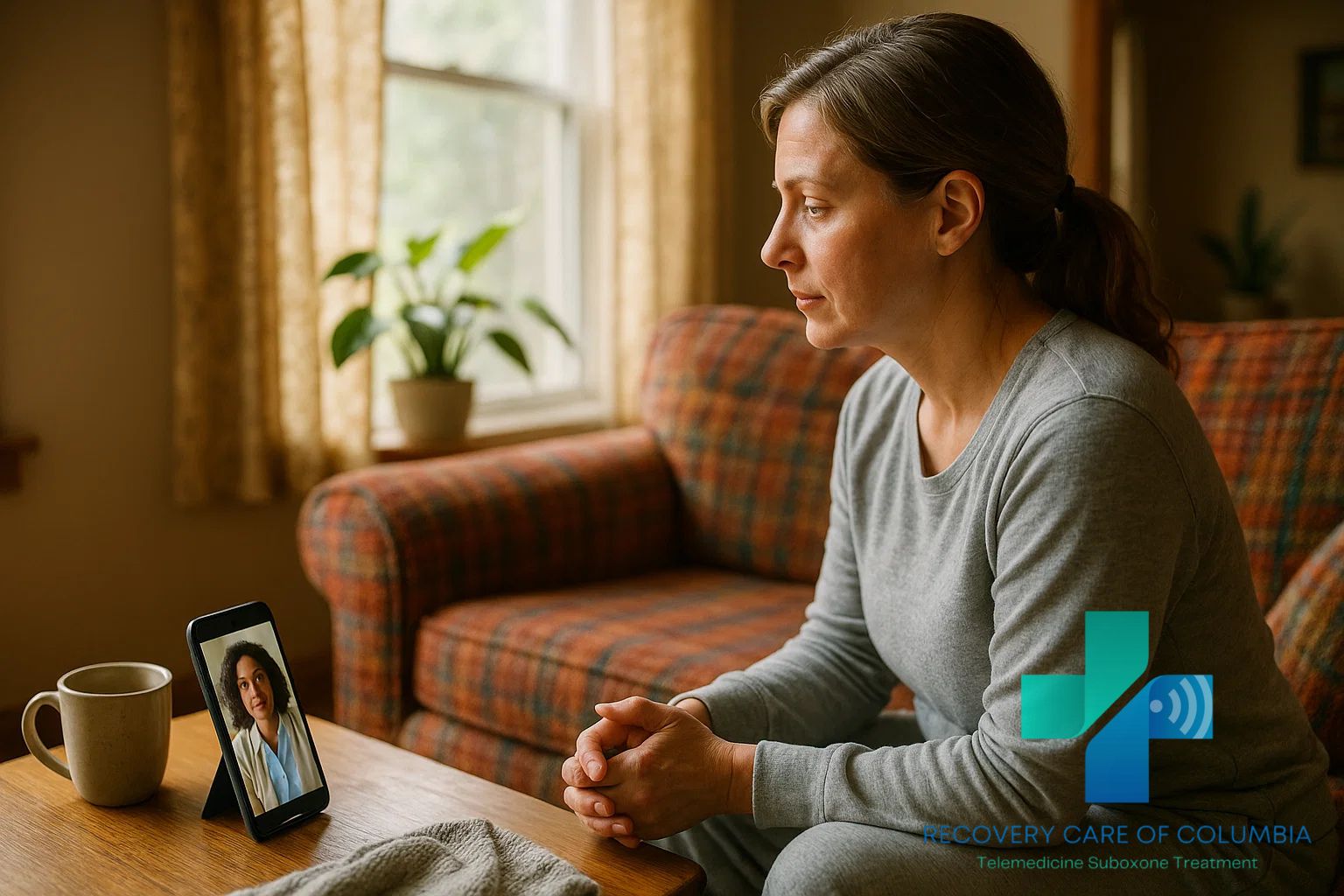 Patient in rural Tennessee receiving virtual, insurance-covered Suboxone treatment on a cell phone.
