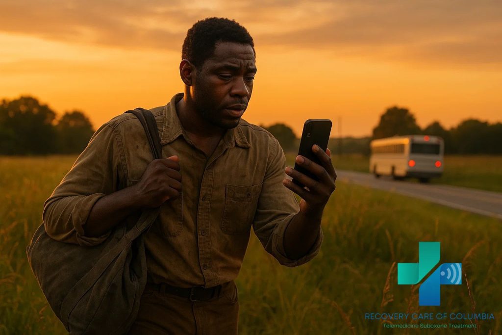 Young man walking through a Tennessee field at sunset, carrying a bag and using his smartphone for a telehealth kratom abuse treatment session.