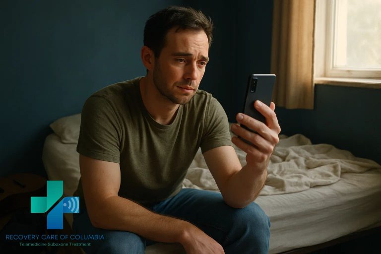 Young man in a lived-in bedroom using his phone for a telehealth session on kratom addiction recovery in Tennessee.