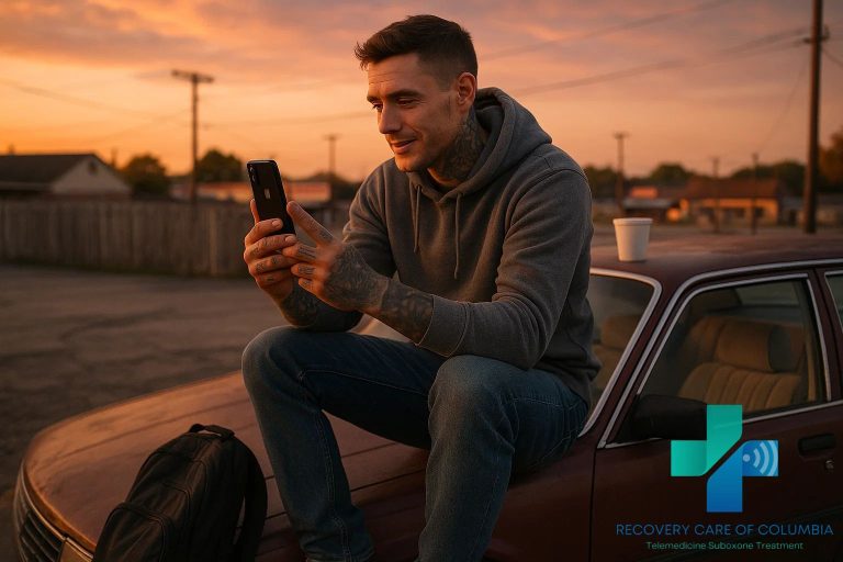 Young tattooed man in Tennessee using smartphone for Kratom Use Disorder telehealth session at sunset, sitting on car hood, symbolizing hope and recovery.