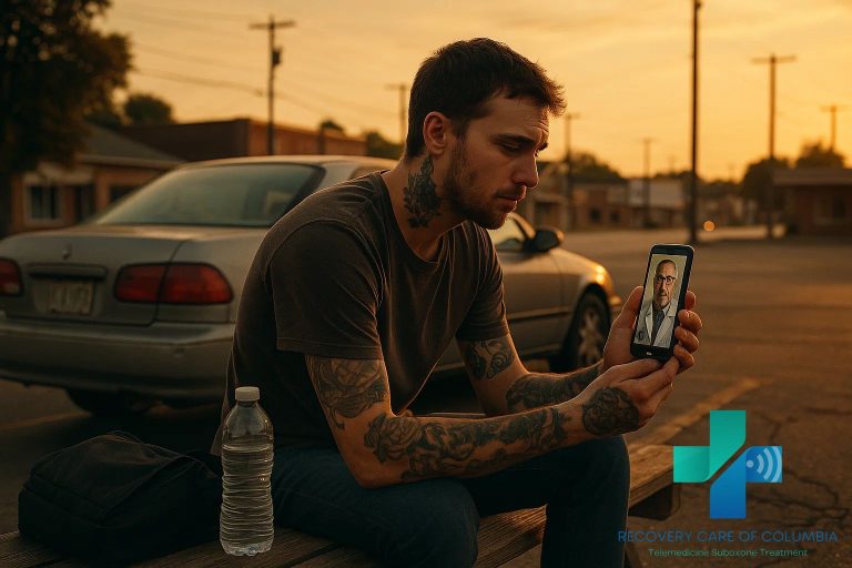 Young man with tattoos sitting on a wooden bench experiencing Kratom withdrawals. He's using his smartphone for telehealth treatment for his addiction to Kratom.
