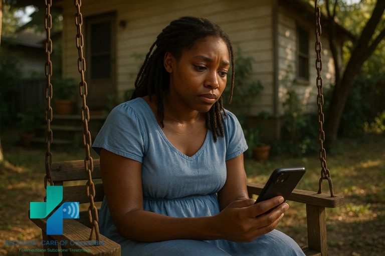 Young Black woman on a backyard swing using her phone for a telehealth call, reflecting on Kratom withdrawal and recovery.