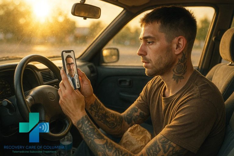 Young man in a car at sunset using his smartphone for a Kratom withdrawal telehealth session, showing relief and hope.