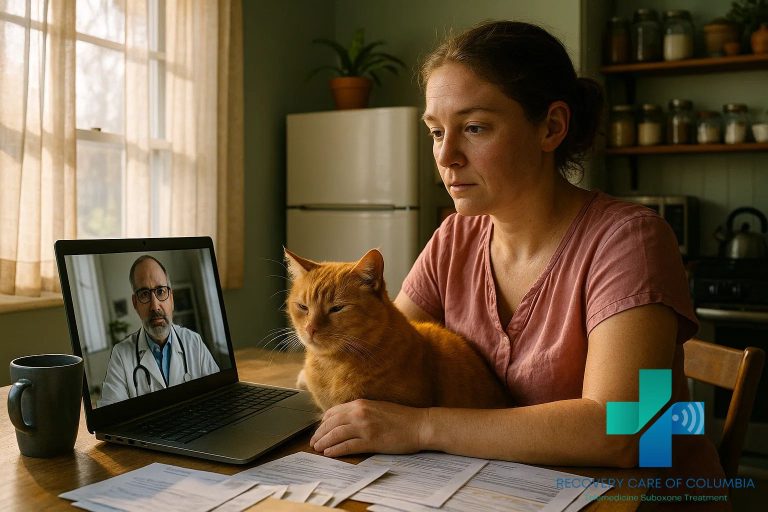 Woman in her kitchen holding her cat in her lap while using her laptop for an affordable telemedicine Suboxone appointment.