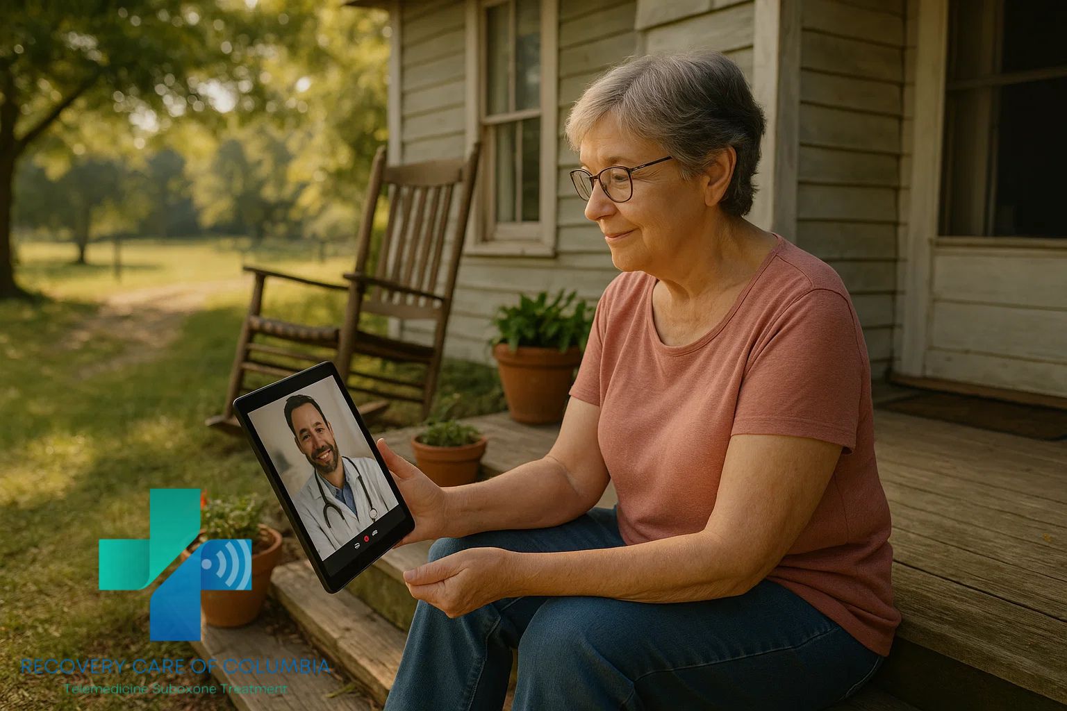 Woman in her 50s on a telehealth call with a Suboxone provider, receiving MAT treatment at home on her front porch in Tennessee
