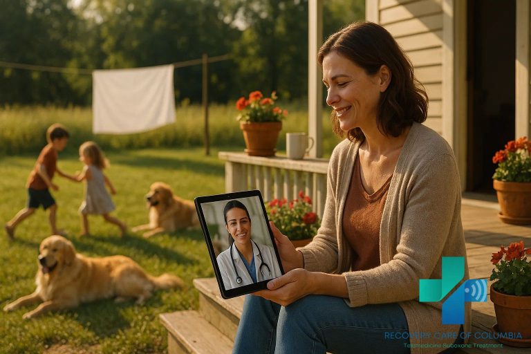 Woman sitting on her front porch using her tablet for Medicaid Suboxone telemedicine treatment while her children play in the yard.