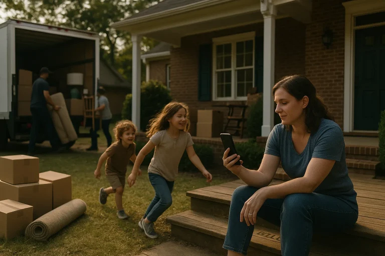 A Tennessee family moving into a new home with a moving truck outside, while a mother uses her cell phone for a Suboxone telemedicine appointment.