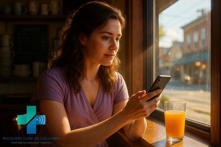 Woman near her kitchen window using a phone for self-pay virtual Suboxone treatment in Tennessee.