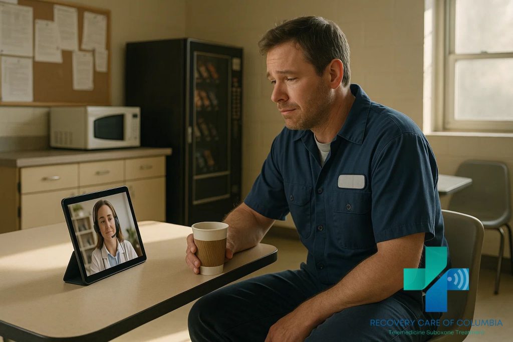 Man in Tennessee kitchen using tablet for online MAT doctor appointment