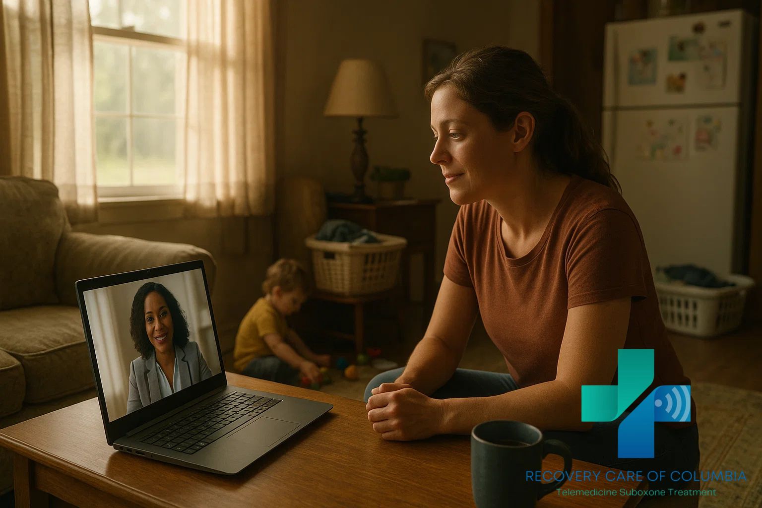 A middle-aged man or woman in a rural Tennessee home receives her recovery delivered through a virtual Suboxone telemedicine visit on a laptop. The environment feels lived-in and authentic, reflecting the comfort of getting life-saving care without leaving home. The image conveys hope, simplicity, and accessibility.