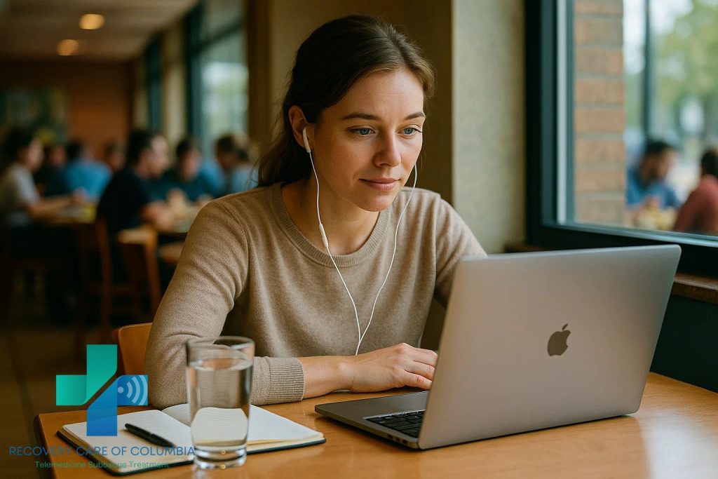 Young woman in a Tennessee cafeteria on a telehealth call for same day Suboxone treatment, with water and notebook on the table.