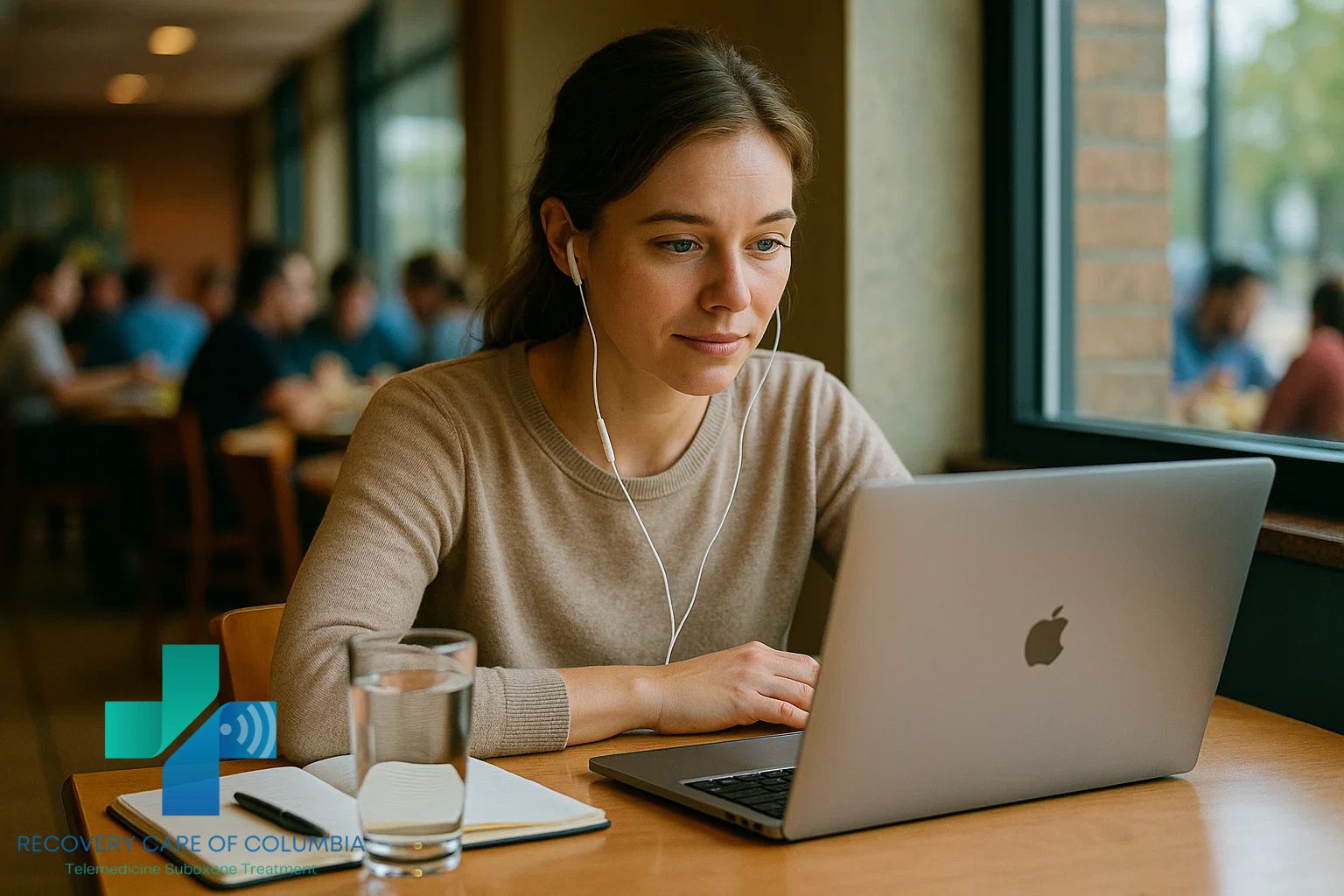 Young woman in a Tennessee cafeteria on a telehealth call for same day Suboxone treatment, with water and notebook on the table.