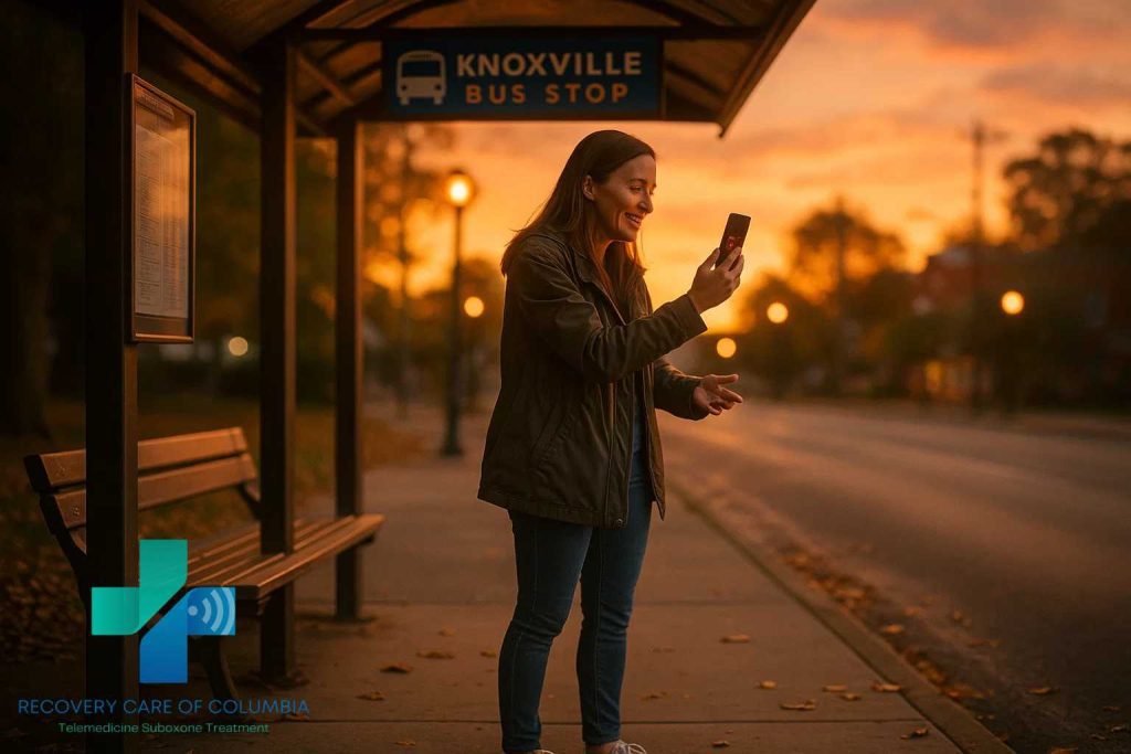Patient on a video call with a Recovery Care Suboxone doctor for virtual opioid addiction recovery while waiting at a bus stop.
