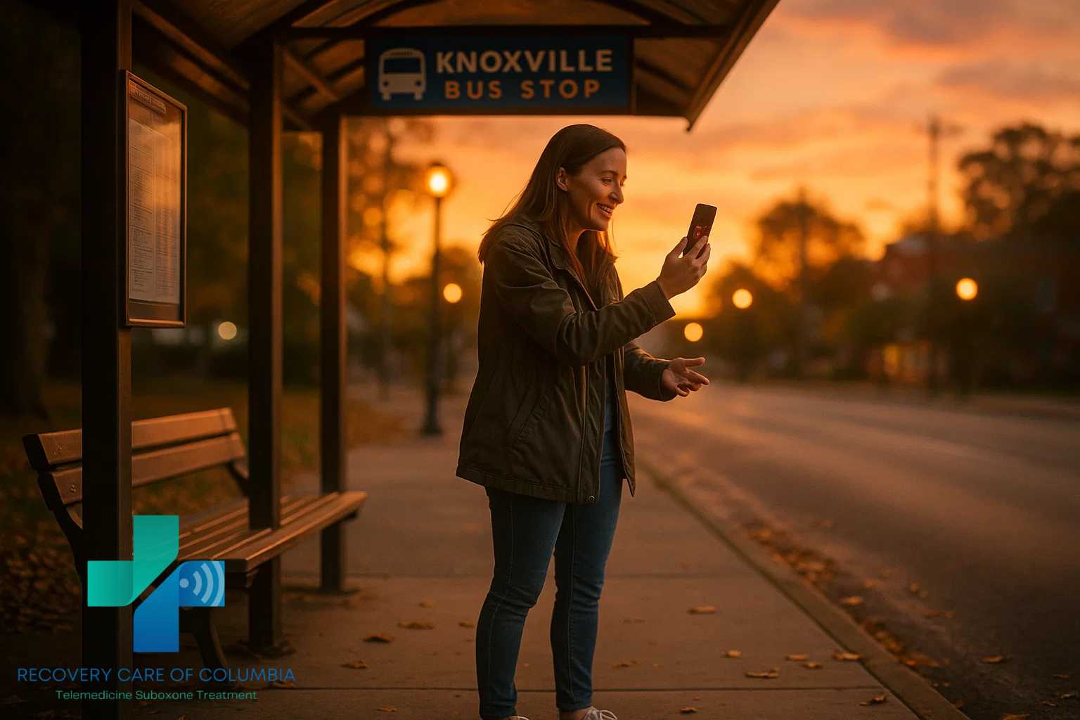 Patient on a video call with a Recovery Care Suboxone doctor for virtual opioid addiction recovery while waiting at a bus stop.