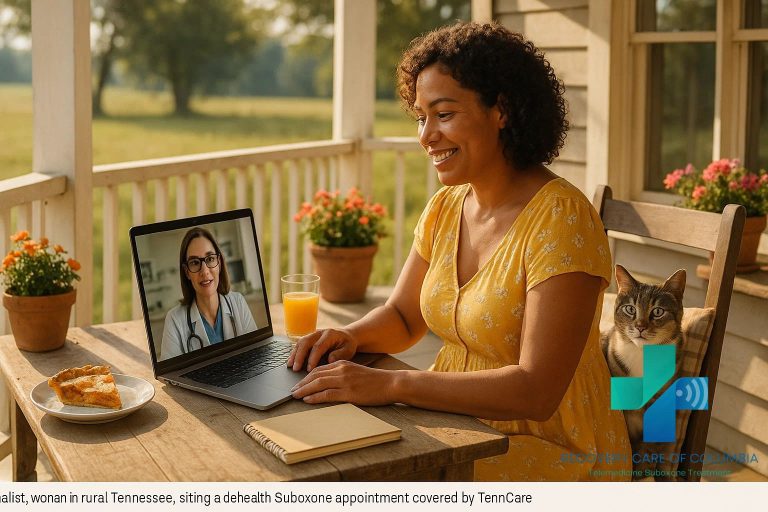 Woman on the porch of her rural Tennessee home using her laptop for a TennCare-covered Suboxone telemedicine appointment while eating pie.