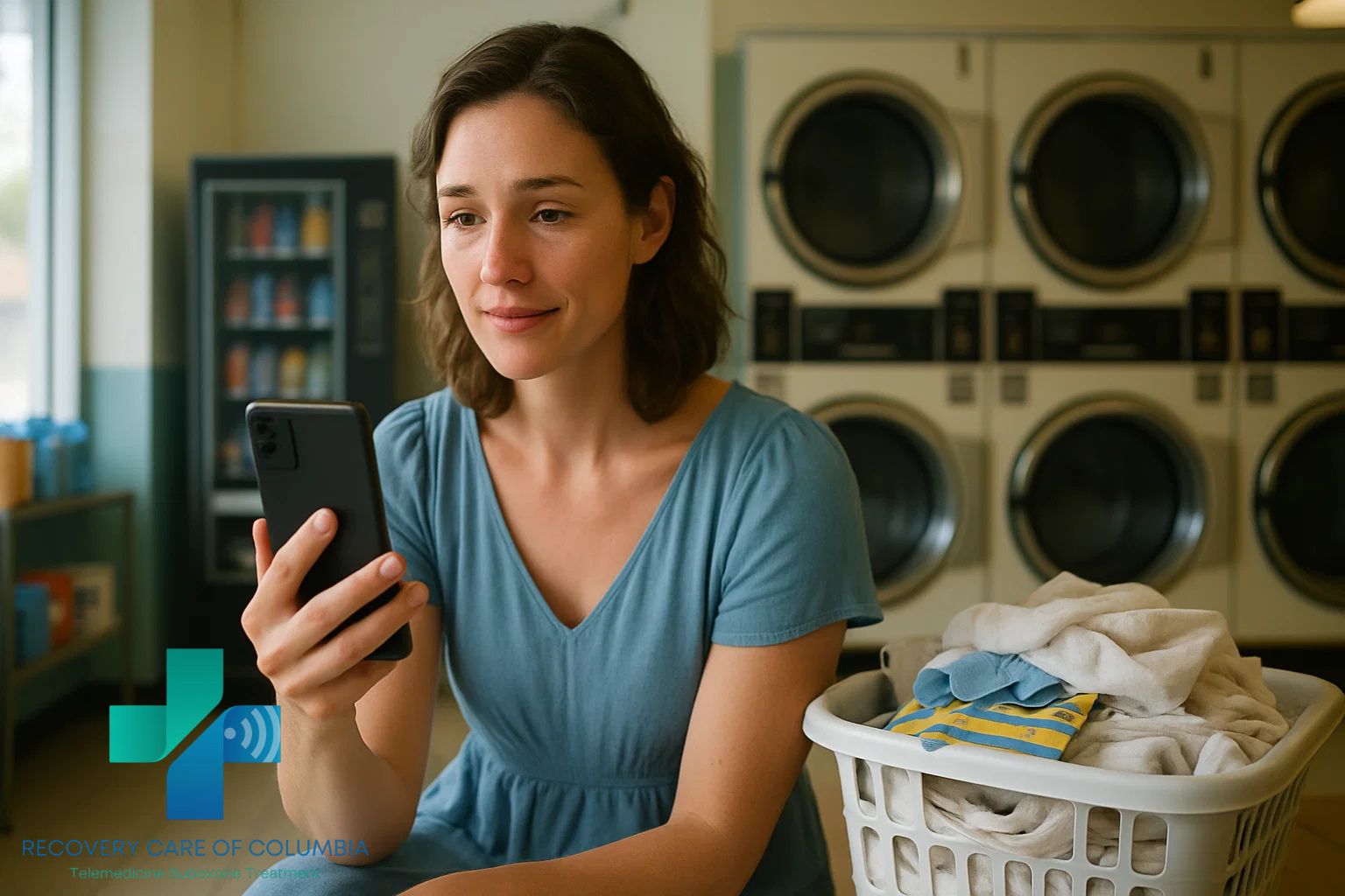 Woman in her 30s in a laundromat attending a Suboxone telemedicine appointment through Medicaid, looking slightly anxious as she begins treatment.