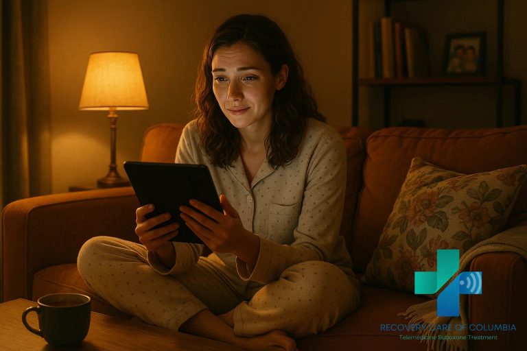 Woman in pajamas sitting on her couch using her tablet for a Suboxone evening telehealth appointment in Tennessee.