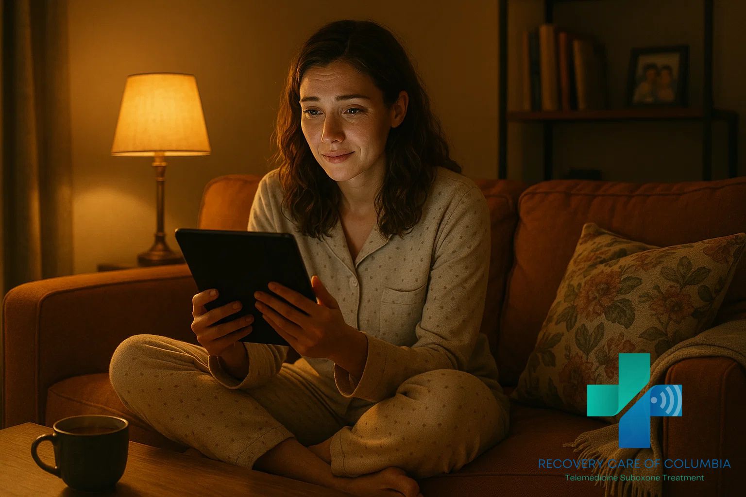 Woman in pajamas sitting on her couch using her tablet for a Suboxone evening telehealth appointment in Tennessee.
