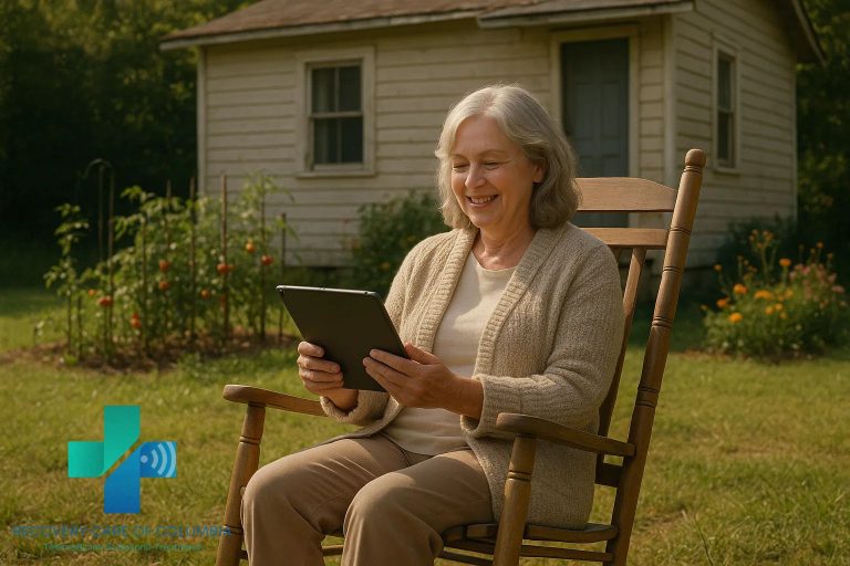 A rural Tennessee female patient sitting outside her home having a virtual Suboxone appointment for opioid addiction recovery.