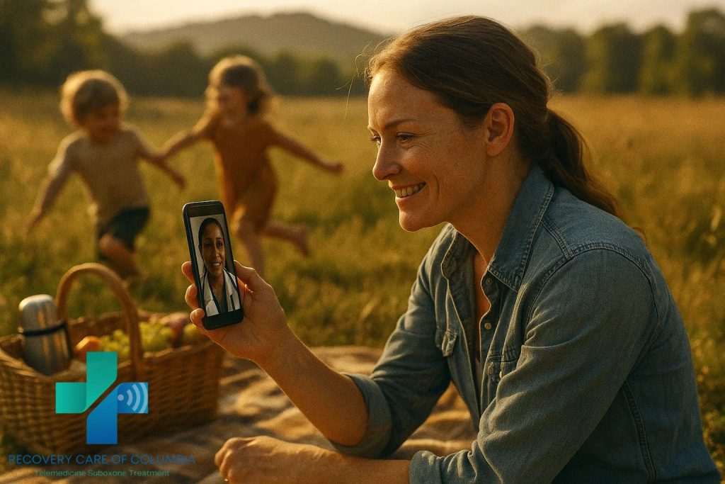 Tennessee mother in a grassy field using her phone for a Suboxone telemedicine appointment while her children play nearby.