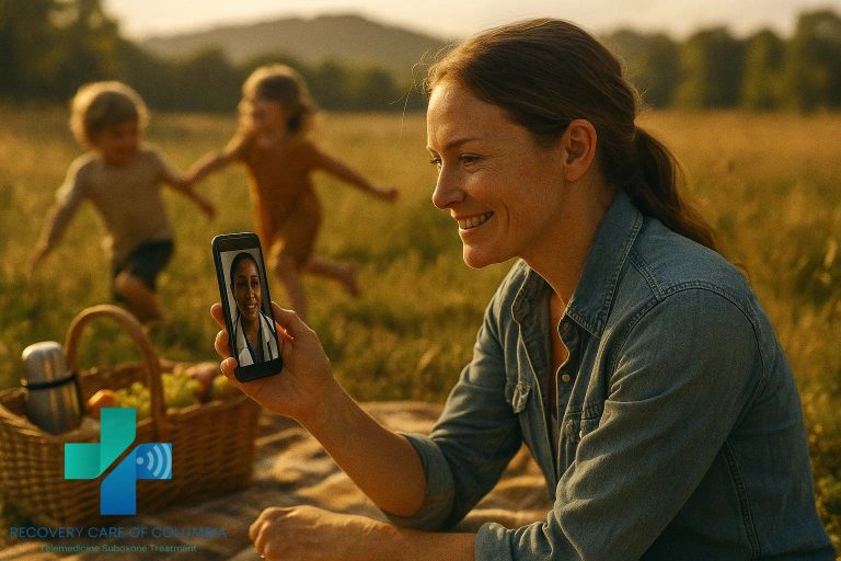 Tennessee mother in a grassy field using her phone for a Suboxone telemedicine appointment while her children play nearby.