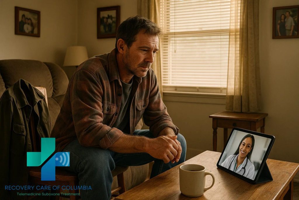 Man in rural Tennessee receiving Suboxone treatment through a telemedicine call at home
