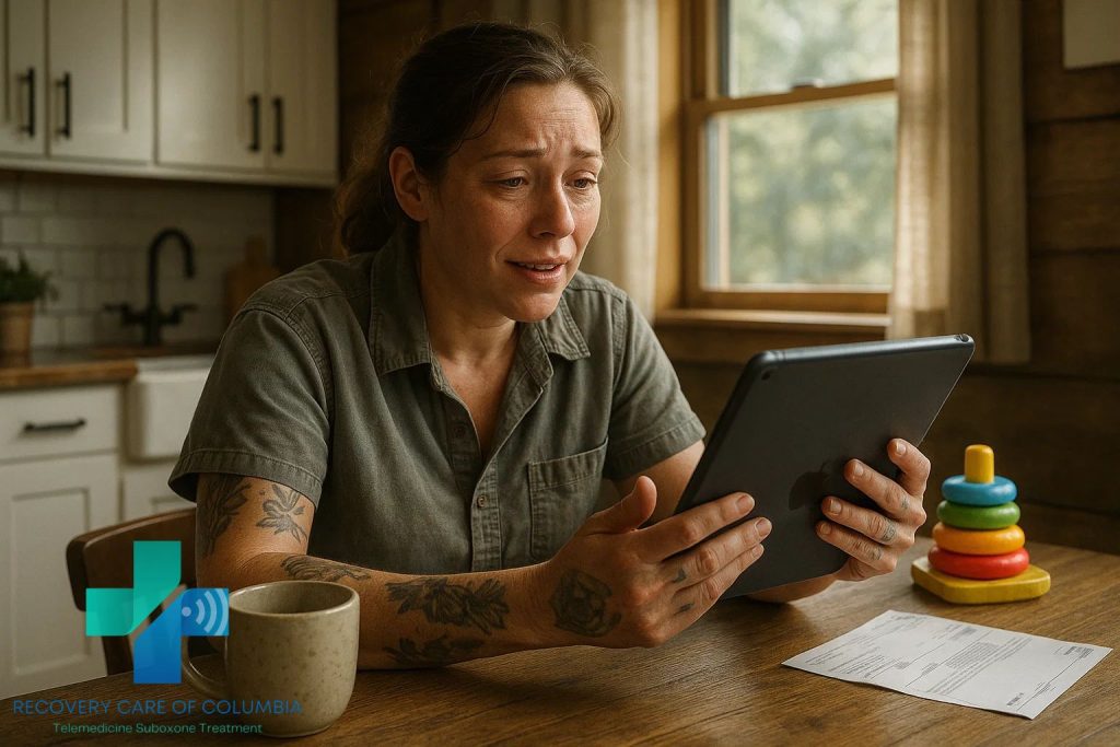Working-class woman in a rural Tennessee kitchen on a telehealth call for Suboxone online treatment, surrounded by everyday details of home life.
