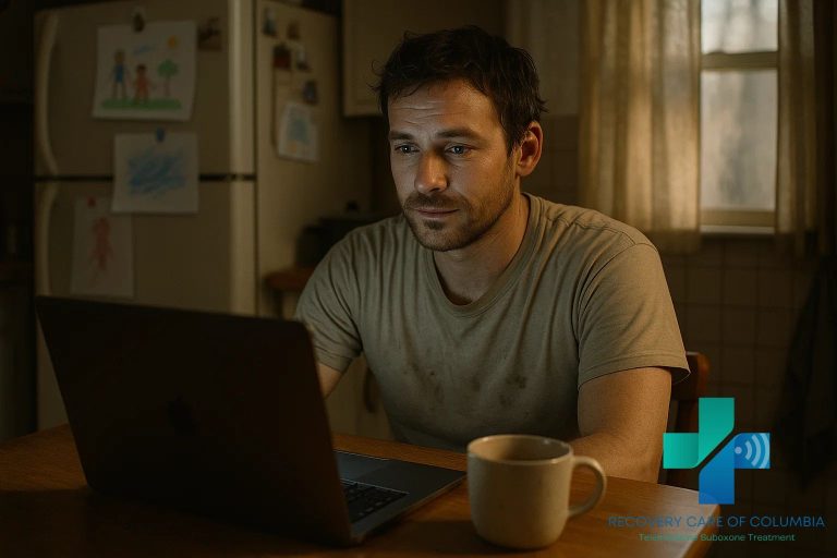 Working-class parent in a Tennessee kitchen using a laptop for a telemedicine appointment to receive a Suboxone prescription online.