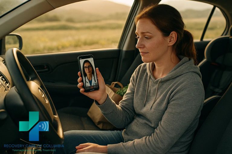 Woman in her 30s parked on a rural Tennessee road, attending a same day Suboxone telemedicine appointment on her phone.