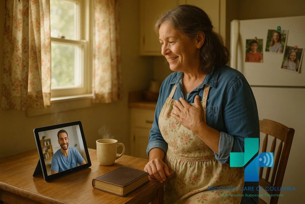 Young woman using her tablet computer for a same-day Suboxone telemedicine appointment from home in Tennessee.