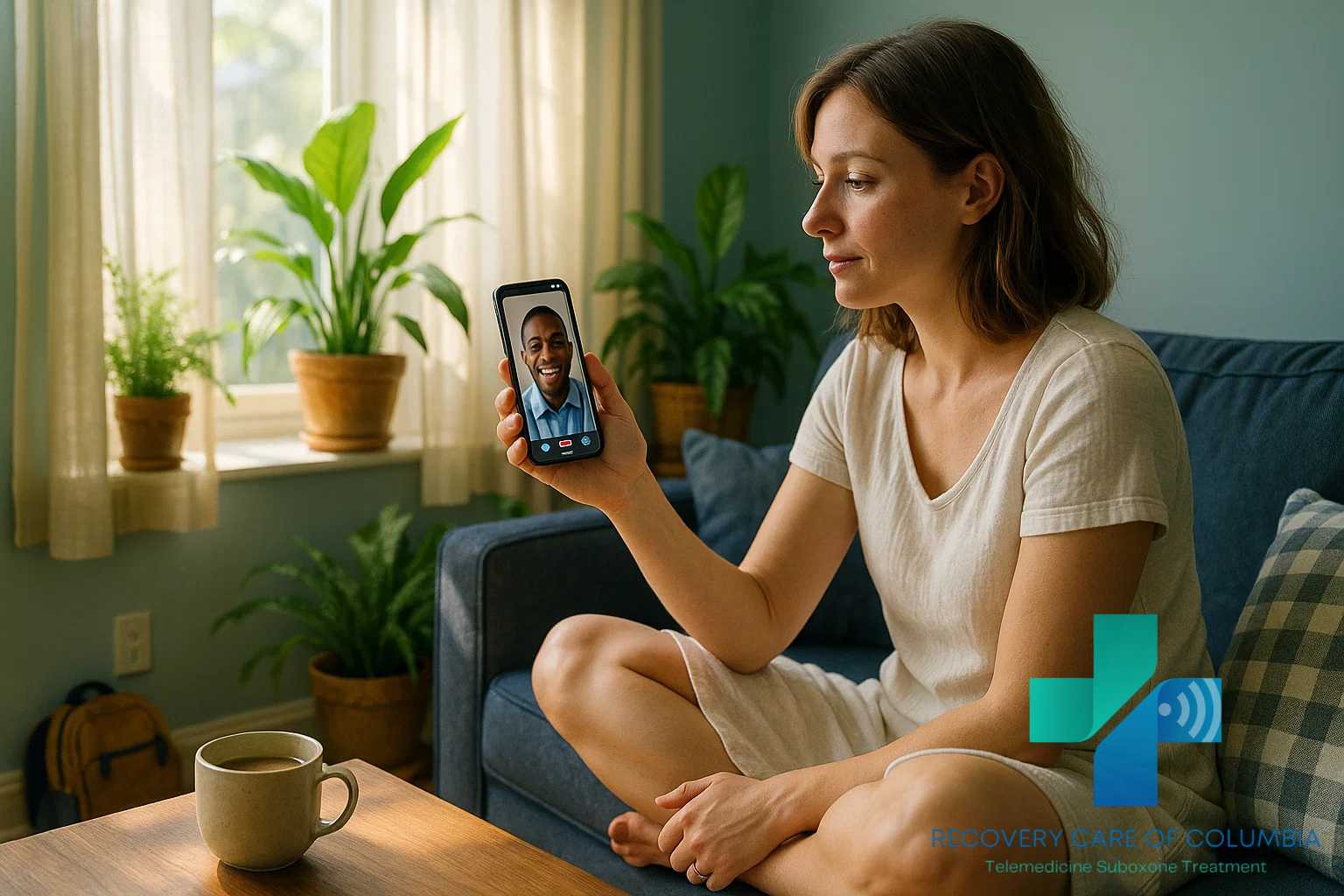 Woman in rural Tennessee on phone for online Suboxone therapy session