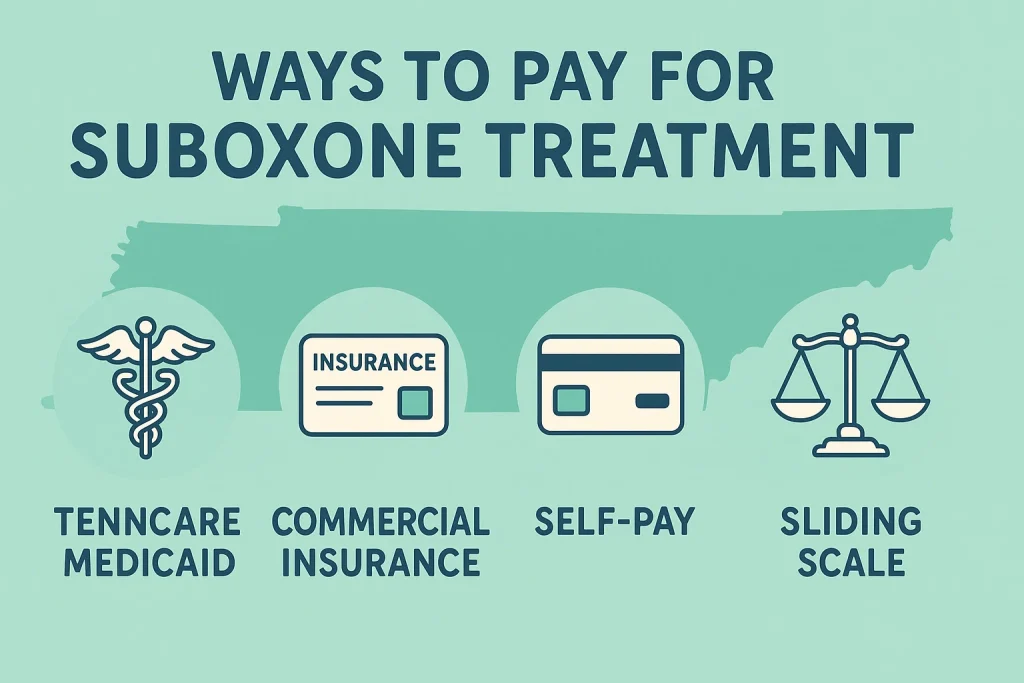 Icons for TennCare, insurance cards, self-pay, and sliding-scale for Suboxone treatment.