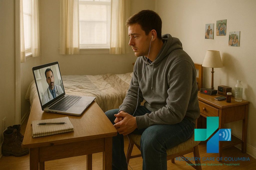 Rural Tennessee resident in a telehealth Suboxone appointment on a tablet outdoors