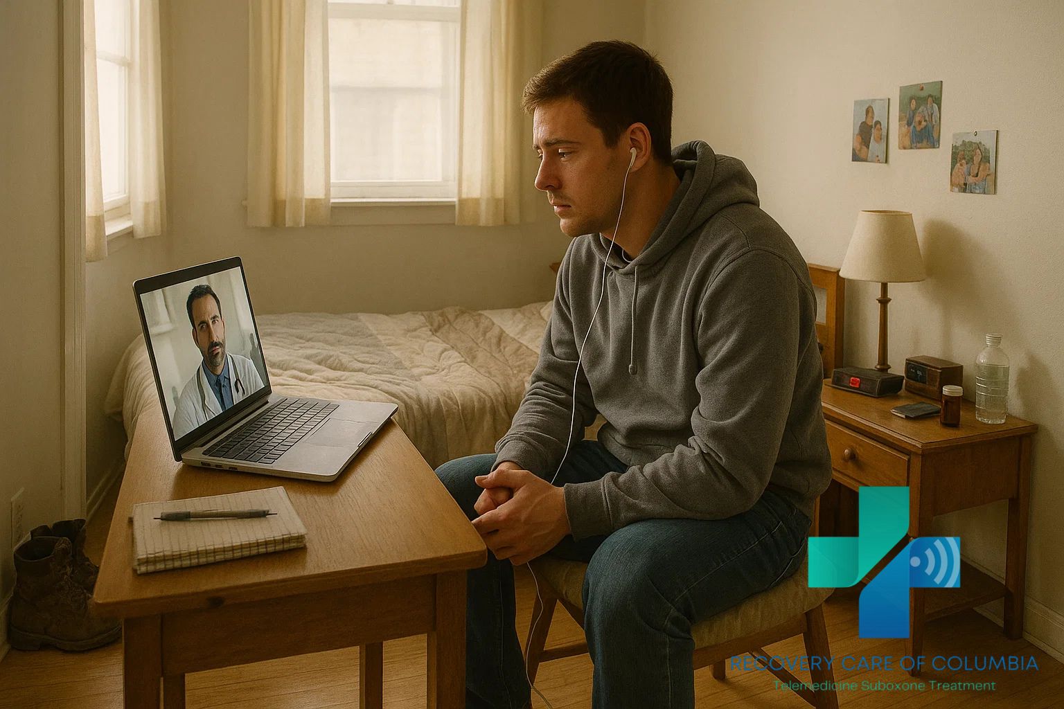 Rural Tennessee resident in a telehealth Suboxone appointment on a tablet outdoors