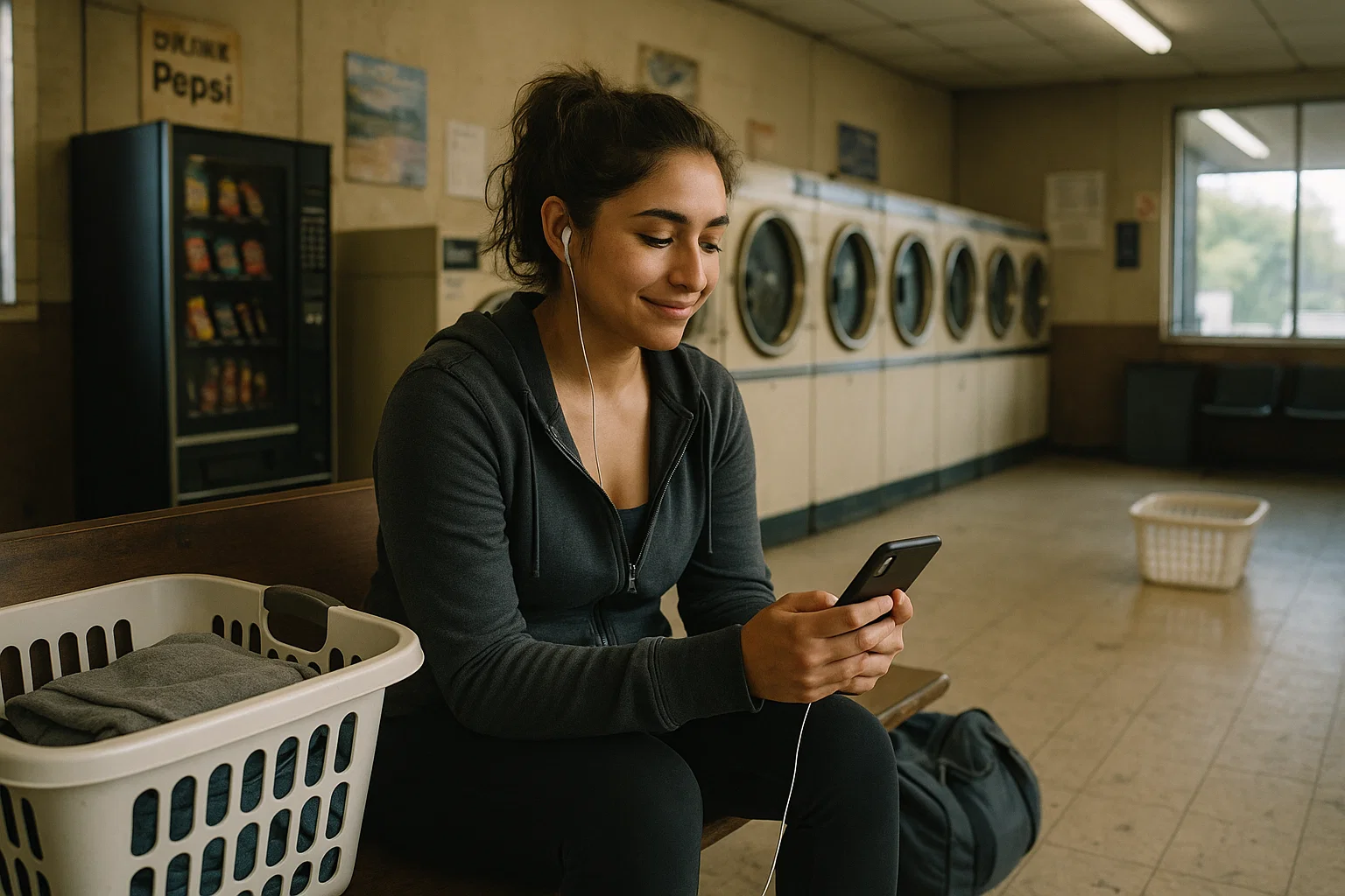 Woman in a rural Tennessee home talking to a telehealth provider on her cell phone while doing her laundry in a local laundromat.