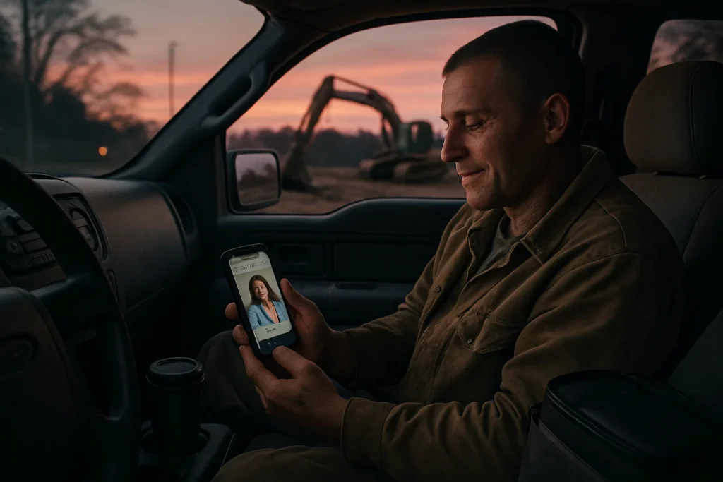 Man in parked truck using smartphone for Telemat Tennessee Suboxone telehealth appointment after a day of hard work