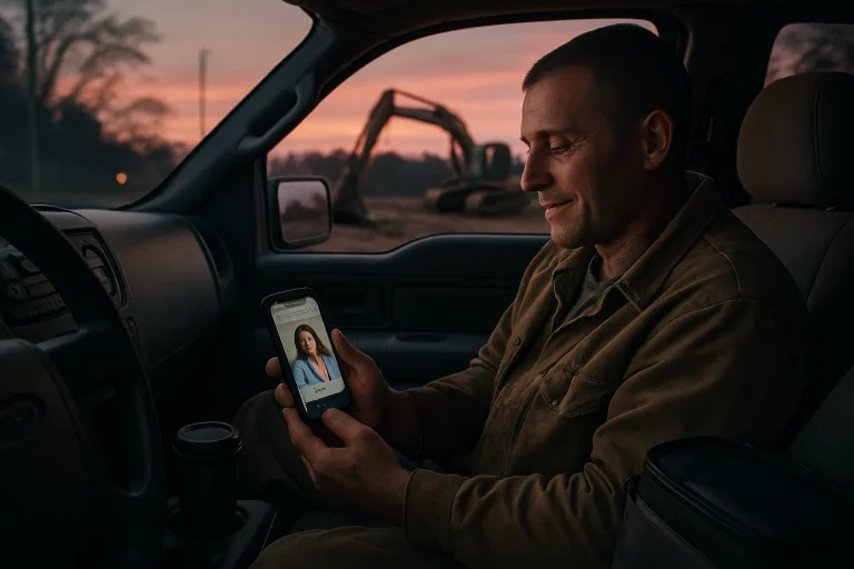 Man in parked truck using smartphone for Telemat Tennessee Suboxone telehealth appointment after a day of hard work