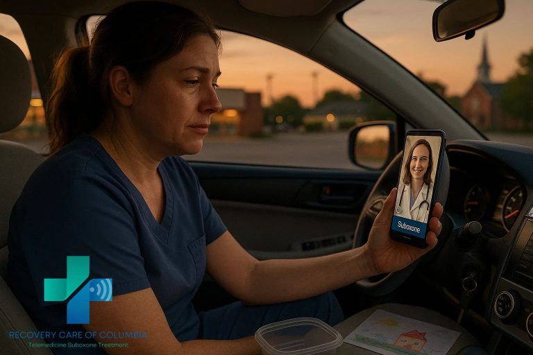 Woman in car using phone for private telemedicine Suboxone intake appointment