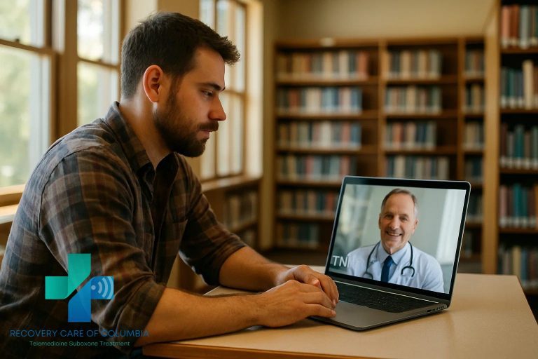 Man in a library using telehealth on his smartphone for confidential Suboxone treatment in Tennessee accepting insurance and TennCare