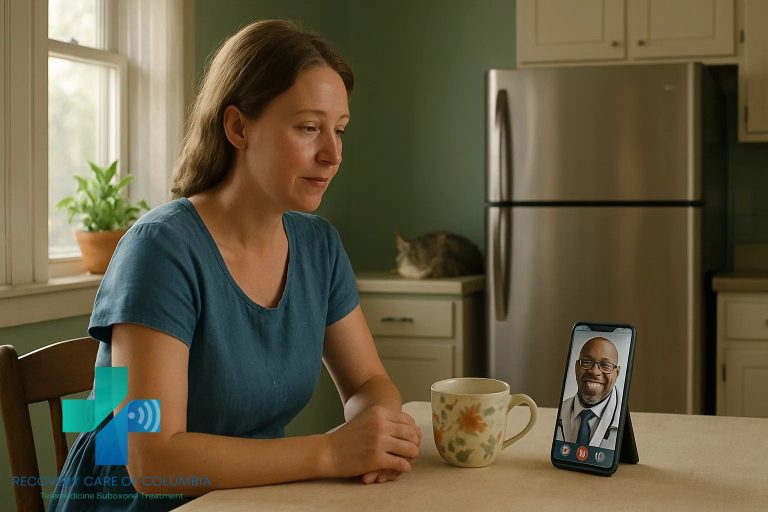 Woman at kitchen table using smartphone for urgent virtual Suboxone care in Tennessee