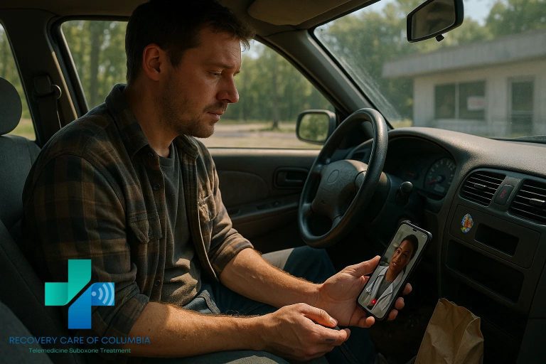 Blue-collar man in truck using smartphone for virtual addiction treatment in rural Tennessee