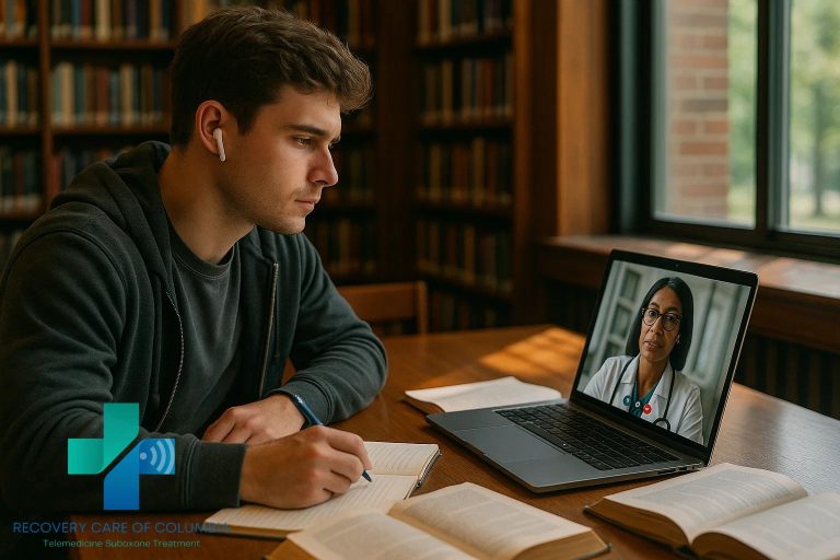 University student in library using telehealth for 7-Hydroxy addiction treatment with books and notes nearby.